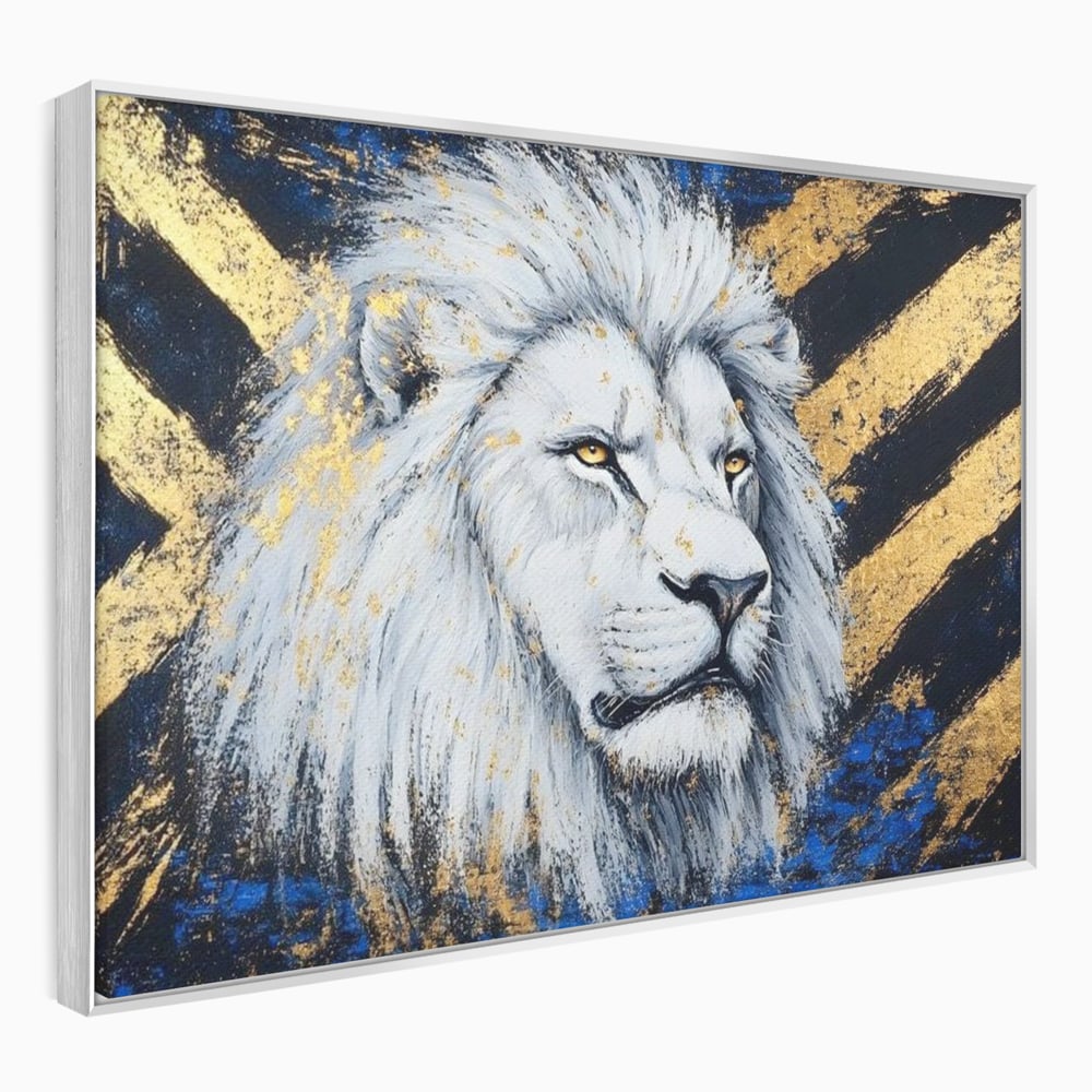 Tablou canvas cu tablou canvas cu leu alb si accente aurii, in rama de aluminiu argintiu